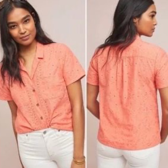 MAEVE Coral Eyelet Guayabera Short Sleeve Button Blouse - Picture 10 of 10